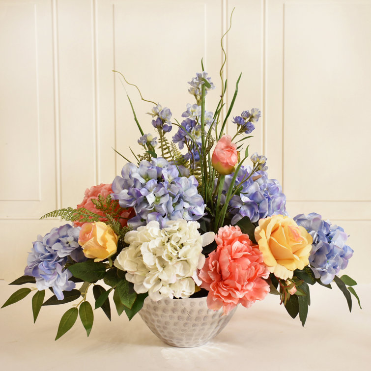 Rosdorf Park Silk Hydrangea and Peonies Floral Arrangement in Decorative Vase & Reviews Wayfair